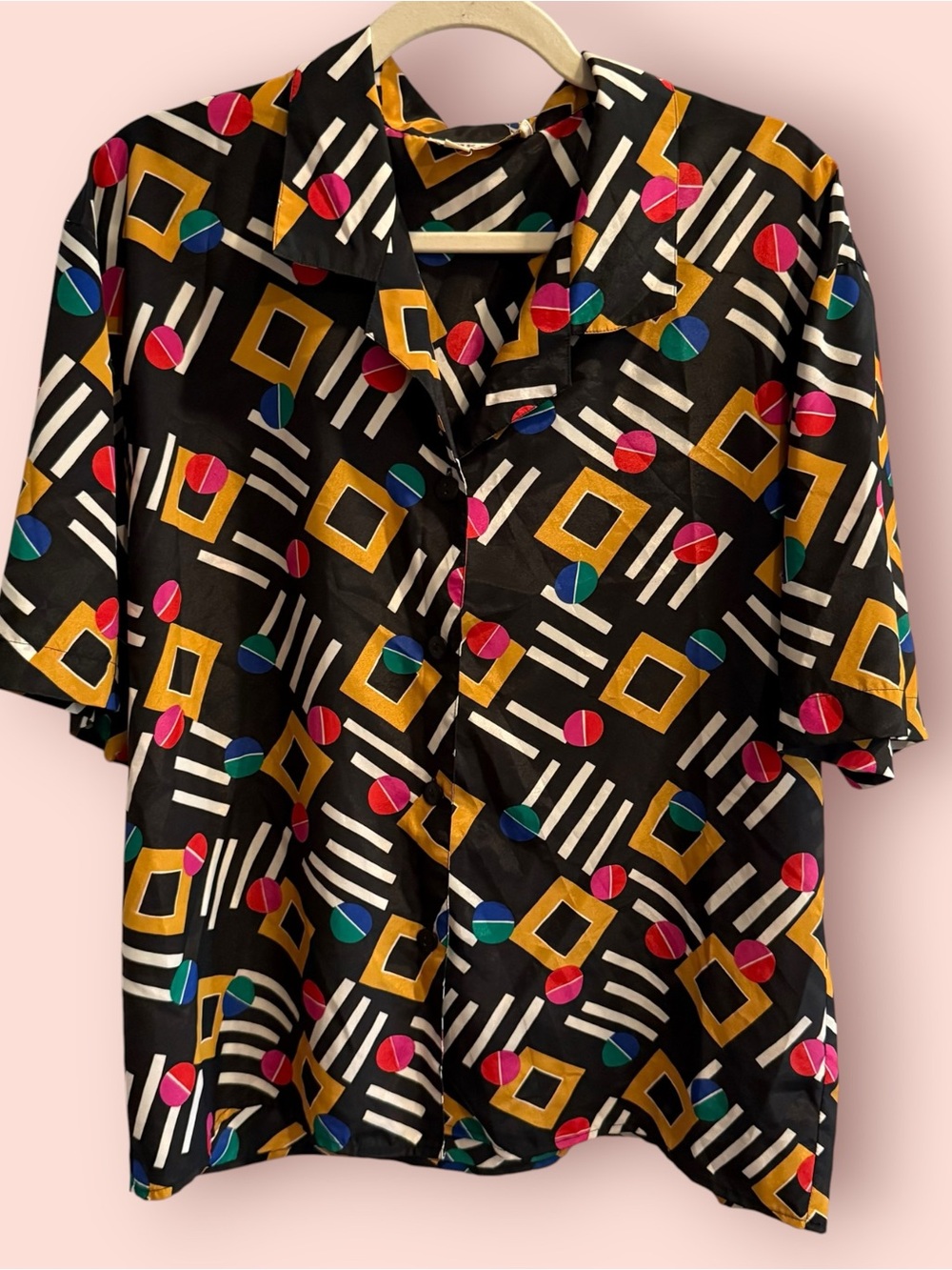 Vintage Mikado Geometric Button Up Blouse Abstract